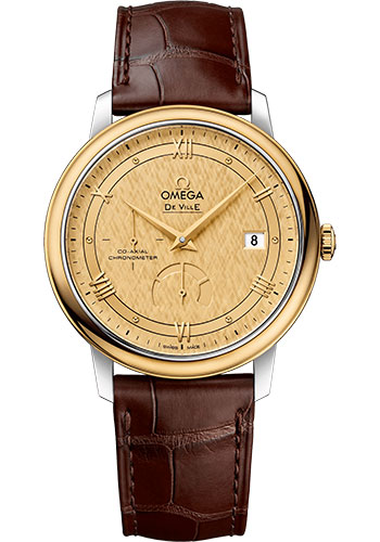 Omega De Ville Prestige Co-Axial Power Reserve Watch - 39.5 mm Steel And Yellow Gold Case - Champagne Dial - Brown Leather Strap
