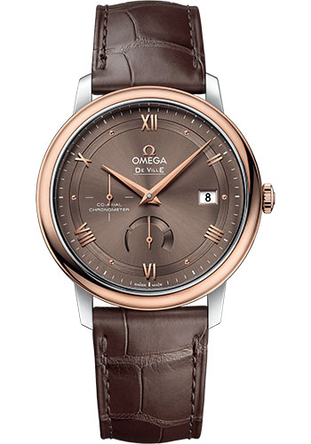 Omega De Ville Prestige Co-Axial Power Reserve Watch - 39.5 mm Steel And Red Gold Case - Chestnut Dial - Brown Leather Strap