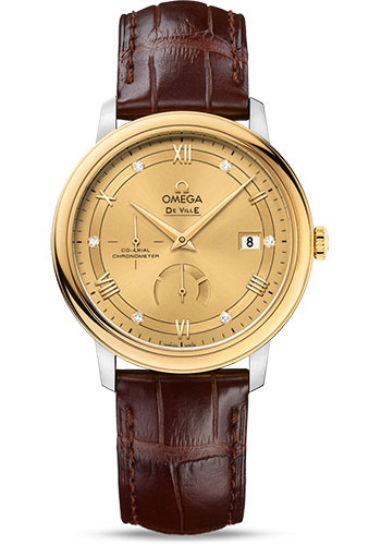 Omega De Ville Prestige Co-Axial Power Reserve Watch - 39.5 mm Steel Case - Yellow Gold Bezel - Champagne Diamond Dial - Brown Leather Strap