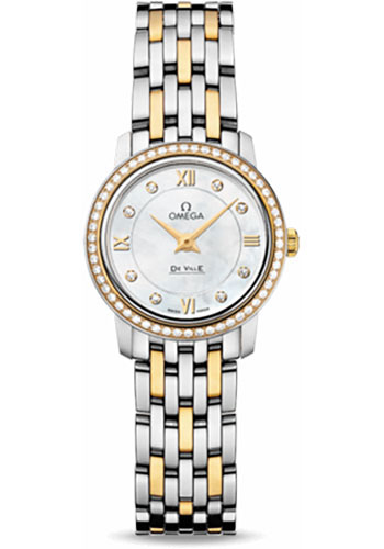 Omega De Ville Prestige Quartz Watch - 24.4 mm Steel And Yellow Gold Case - Diamond Bezel - Mother-Of-Pearl Diamond Dial