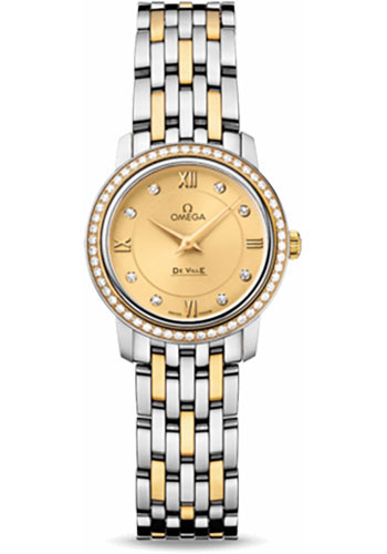 Omega De Ville Prestige Quartz Watch - 24.4 mm Steel And Yellow Gold Case - Diamond Bezel - Champagne Diamond Dial