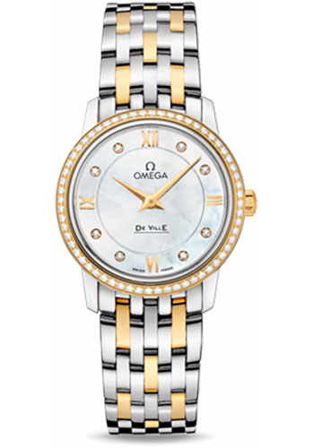 Omega De Ville Prestige Quartz Watch - 27.4 mm Steel And Yellow Gold Case - Diamond Bezel - Mother-Of-Pearl Diamond Dial