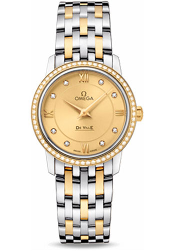 Omega De Ville Prestige Quartz Watch - 27.4 mm Steel And Yellow Gold Case - Diamond Bezel - Champagne Diamond Dial