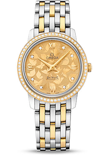 Omega De Ville Prestige Quartz Watch - 27.4 mm Steel Case - Diamond-Set Yellow Gold Bezel - Champagne Diamond Dial - Yellow Gold-Steel Bracelet