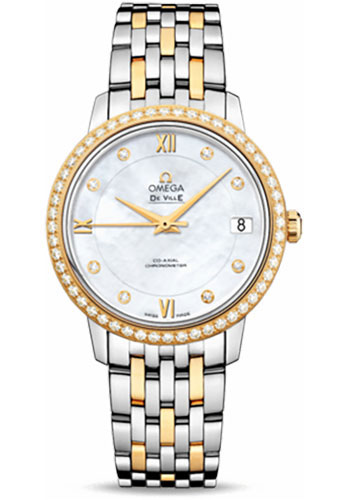 Omega De Ville Prestige Co-Axial Watch - 32.7 mm Steel And Yellow Gold Case - Diamond Bezel - Mother-Of-Pearl Diamond Dial