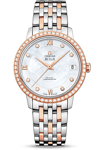 Omega De Ville Prestige Co-Axial Watch - 32.7 mm Steel And Red Gold Case - Diamond-Set Red Gold Bezel - Mother-Of-Pearl Diamond Dial - Two-Tone Steel And Red Gold Bracelet