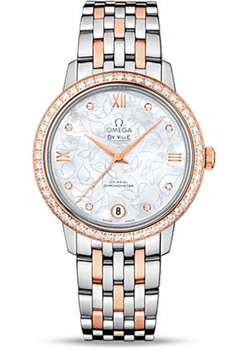 Omega De Ville Prestige Co-Axial Watch - 32.7 mm Steel Case - Diamond-Set Red Gold Bezel - Mother-Of-Pearl Dial - Red Gold-Steel Bracelet