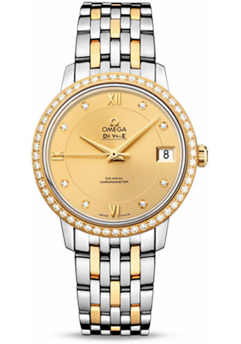 Omega De Ville Prestige Co-Axial Watch - 32.7 mm Steel And Yellow Gold Case - Diamond Bezel - Champagne Diamond Dial