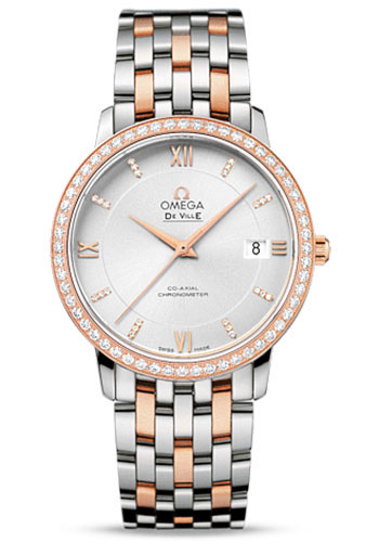 Omega De Ville Prestige Co-Axial Watch - 36.8 mm Steel And Red Gold Case - Diamond-Set Red Gold Bezel - Silver Diamond Dial - Two-Tone Steel And Red Gold Bracelet