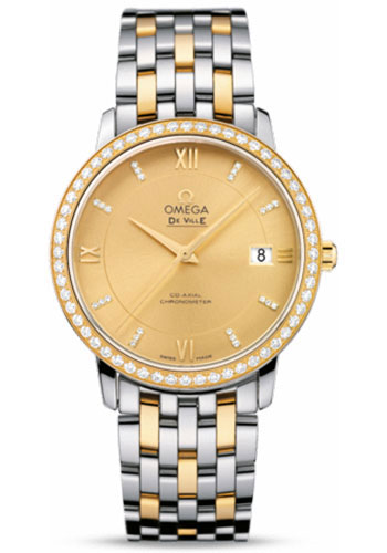 Omega De Ville Prestige Co-Axial Watch - 36.8 mm Steel And Yellow Gold Case - Diamond Bezel - Champagne Diamond Dial