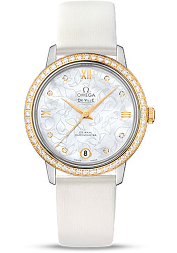 Omega De Ville Prestige Co-Axial Watch - 32.7 mm Steel Case - Diamond-Set Yellow Gold Bezel - Mother-Of-Pearl Diamond Dial - White Satin-Brushed Leather Strap