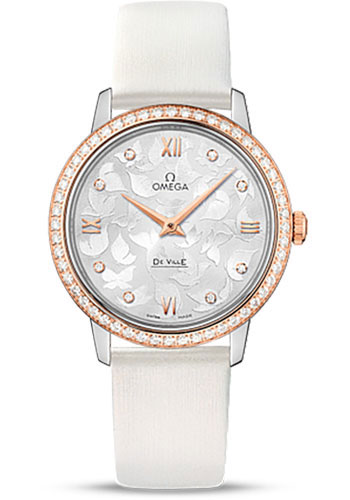 Omega De Ville Prestige Quartz Watch - 32.7 mm Steel Case - Diamond-Set Red Gold Bezel - Silver Diamond Dial - White Satin-Brushed Leather Strap
