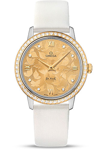 Omega De Ville Prestige Quartz Watch - 32.7 mm Steel Case - Diamond-Set Yellow Gold Bezel - Champagne Diamond Dial - White Satin-Brushed Leather Strap