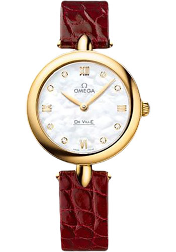 Omega De Ville Prestige Quartz Dewdrop Watch - 27.4 mm Yellow Gold Case - Mother-Of-Pearl Dial - Red Leather Strap