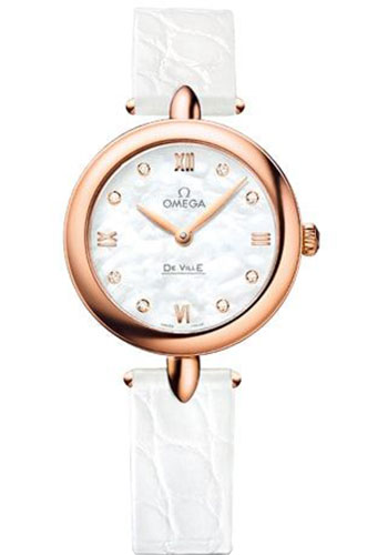 Omega De Ville Prestige Quartz Dewdrop Watch - 27.4 mm Red Gold Case - Mother-Of-Pearl Dial - White Leather Strap