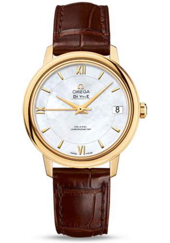 Omega De Ville Prestige Co-Axial Watch - 32.7 mm Yellow Gold Case - Mother-Of-Pearl Dial - Brown Leather Strap