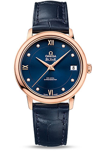 Omega De Ville Prestige Co-Axial Watch - 32.7 mm 18K Red Gold Case - Blue Diamond Dial - Blue Leather Strap