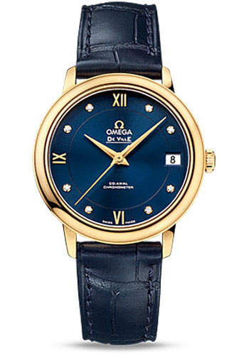 Omega De Ville Prestige Co-Axial Watch - 32.7 mm 18K Yellow Gold Case - Blue Diamond Dial - Blue Leather Strap