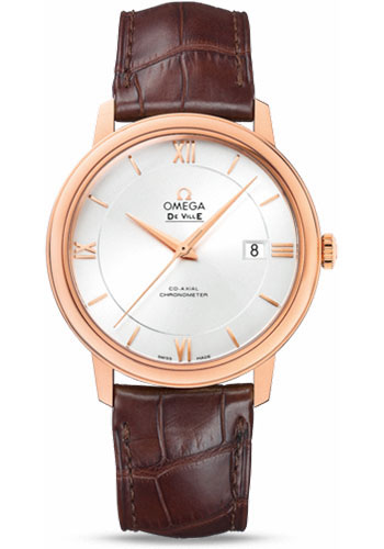 Omega De Ville Prestige Co-Axial Watch - 39.5 mm Red Gold Case - Silver Dial - Brown Leather Strap