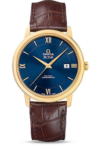 Omega De Ville Prestige Co-Axial Watch - 39.5 mm Yellow Gold Case - Blue Dial - Brown Leather Strap