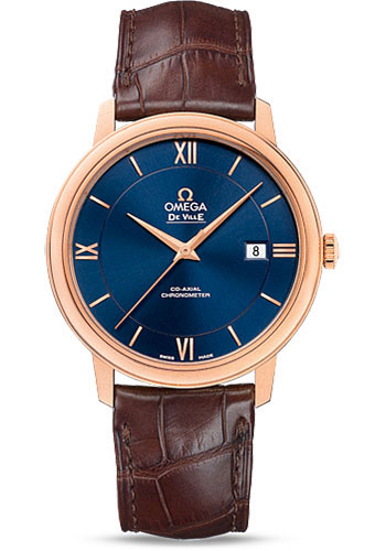 Omega De Ville Prestige Co-Axial Watch - 39.5 mm Red Gold Case - Blue Dial - Brown Leather Strap