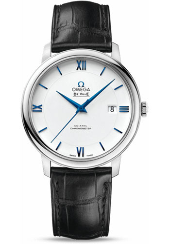 Omega De Ville Prestige Co-Axial Watch - 39.5 mm White Gold Case - White Dial - Black Leather Strap