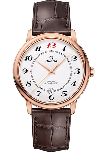 Omega De Ville Prestige Co-Axial De Ville 50th anniversary Watch - 39.5 mm Red Gold Case - White Enamel Dial - Brown Leather Strap