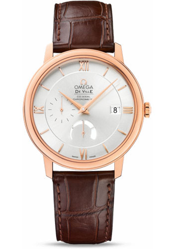 Omega De Ville Prestige Power Reserver Co-Axial Watch - 39.5 mm Red Gold Case - Silver Dial - Brown Leather Strap