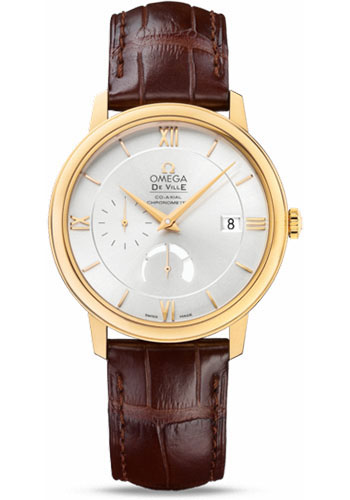 Omega De Ville Prestige Power Reserver Co-Axial Watch - 39.5 mm Yellow Gold Case - Silver Dial - Brown Leather Strap