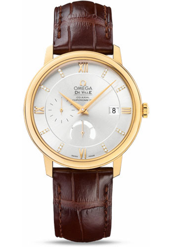 Omega De Ville Prestige Power Reserver Co-Axial Watch - 39.5 mm Yellow Gold Case - Silver Diamond Dial - Brown Leather Strap
