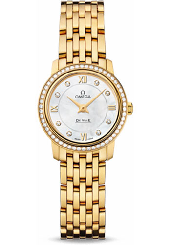 Omega De Ville Prestige Quartz Watch - 24.4 mm Yellow Gold Case - Diamond Bezel - Mother-Of-Pearl Diamond Dial
