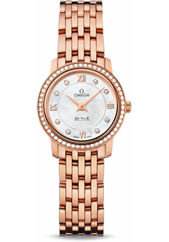 Omega De Ville Prestige Quartz Watch - 24.4 mm Red Gold Case - Diamond Bezel - Mother-Of-Pearl Diamond Dial