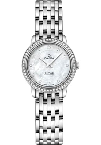 Omega De Ville Prestige Quartz Watch - 24.4 mm White Gold Case - Diamond Bezel - Mother-Of-Pearl Diamond Dial