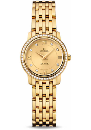 Omega De Ville Prestige Quartz Watch - 24.4 mm Yellow Gold Case - Diamond Bezel - Champagne Diamond Dial