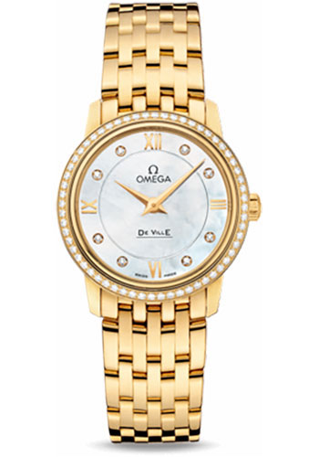 Omega De Ville Prestige Quartz Watch - 27.4 mm Yellow Gold Case - Diamond Bezel - Mother-Of-Pearl Diamond Dial