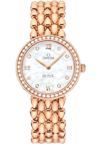 Omega De Ville Prestige Quartz Dewdrop Watch - 27.4 mm Red Gold Case - Radiant Diamond-Set Bezel - Mother-Of-Pearl Dial