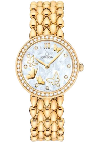 Omega De Ville Prestige Quartz Dewdrop Watch - 27.4 mm Yellow Gold Case - Delicate Diamond-Set Bezel - Red Gold Dial