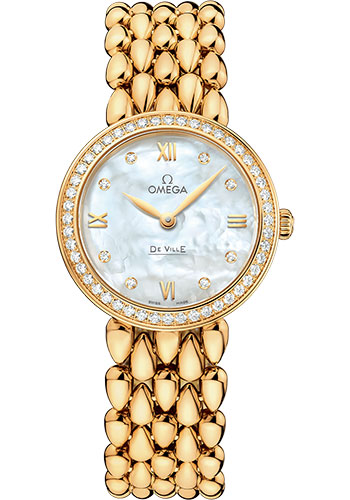 Omega De Ville Prestige Quartz Dewdrop Watch - 27.4 mm Yellow Gold Case - Radiant Diamond-Set Bezel - Mother-Of-Pearl Dial