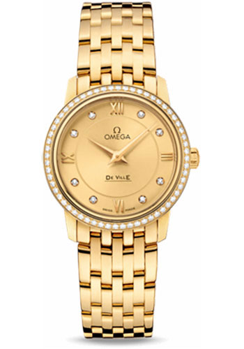 Omega De Ville Prestige Quartz Watch - 27.4 mm Yellow Gold Case - Diamond Bezel - Champagne Diamond Dial