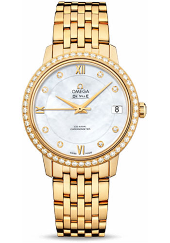 Omega De Ville Prestige Co-Axial Watch - 32.7 mm Yellow Gold Case - Diamond Bezel - Mother-Of-Pearl Diamond Dial