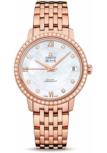 Omega De Ville Prestige Co-Axial Watch - 32.7 mm Red Gold Case - Diamond Bezel - Mother-Of-Pearl Diamond Dial