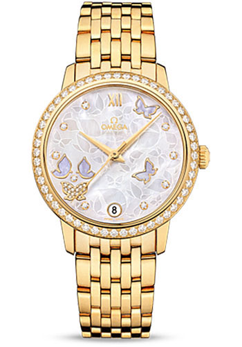 Omega De Ville Prestige Co-Axial Watch - 36.8 mm Yellow Gold Case - Diamond Bezel - Mother-Of-Pearl Diamond Dial