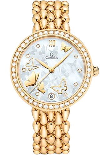 Omega De Ville Prestige Co-Axial Dewdrop Watch - 32.7 mm Yellow Gold Case - Delicate Diamond-Set Bezel - Ornate Dial