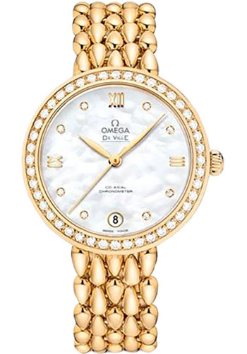 Omega De Ville Prestige Co-Axial Dewdrop Watch - 32.7 mm Yellow Gold Case - Radiant Diamond-Set Bezel - Ornate Dial