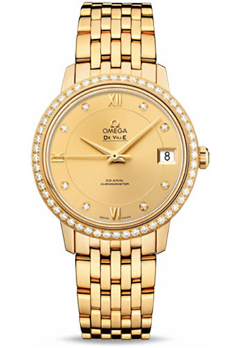 Omega De Ville Prestige Co-Axial Watch - 32.7 mm Yellow Gold Case - Diamond Bezel - Champagne Diamond Dial