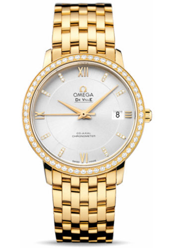 Omega De Ville Prestige Co-Axial Watch - 36.8 mm Yellow Gold Case - Diamond Bezel - Silver Diamond Dial