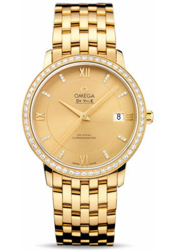 Omega De Ville Prestige Co-Axial Watch - 36.8 mm Yellow Gold Case - Diamond Bezel - Champagne Diamond Dial
