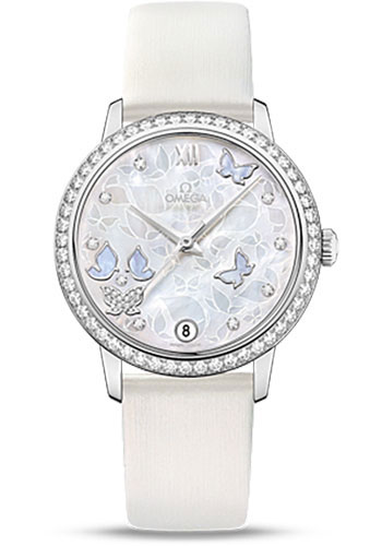 Omega De Ville Prestige Co-Axial Watch - 36.8 mm White Gold Case - Diamond Bezel - Mother-Of-Pearl Diamond Dial - White Leather Strap