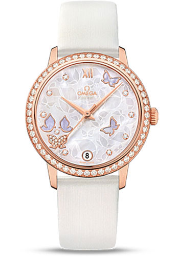 Omega De Ville Prestige Co-Axial Watch - 36.8 mm Red Gold Case - Diamond Bezel - Mother-Of-Pearl Diamond Dial - White Leather Strap