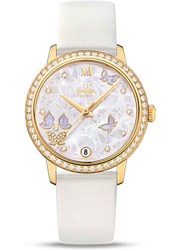 Omega De Ville Prestige Co-Axial Watch - 36.8 mm Yellow Gold Case - Diamond Bezel - Mother-Of-Pearl Diamond Dial - White Leather Strap